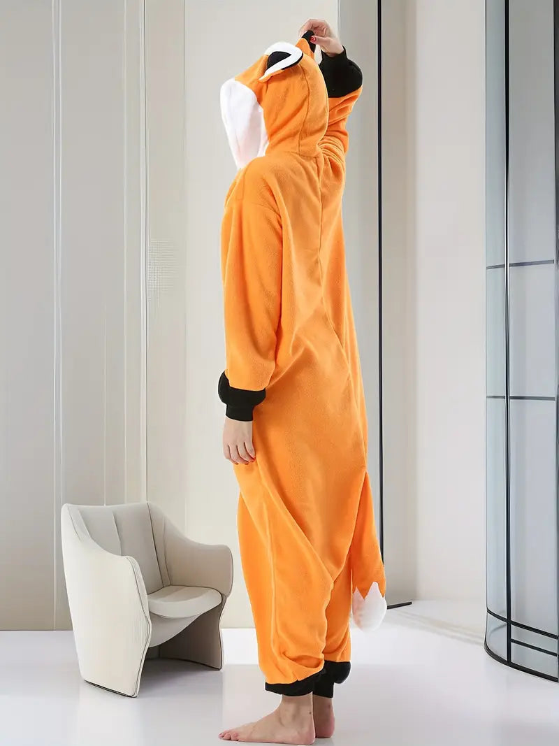 Fox Onesie Pajamas｜Cute Cartoon Animal Sleepwear, Cozy Coral Fleece Loungewear, Unisex Costume for Home & Party