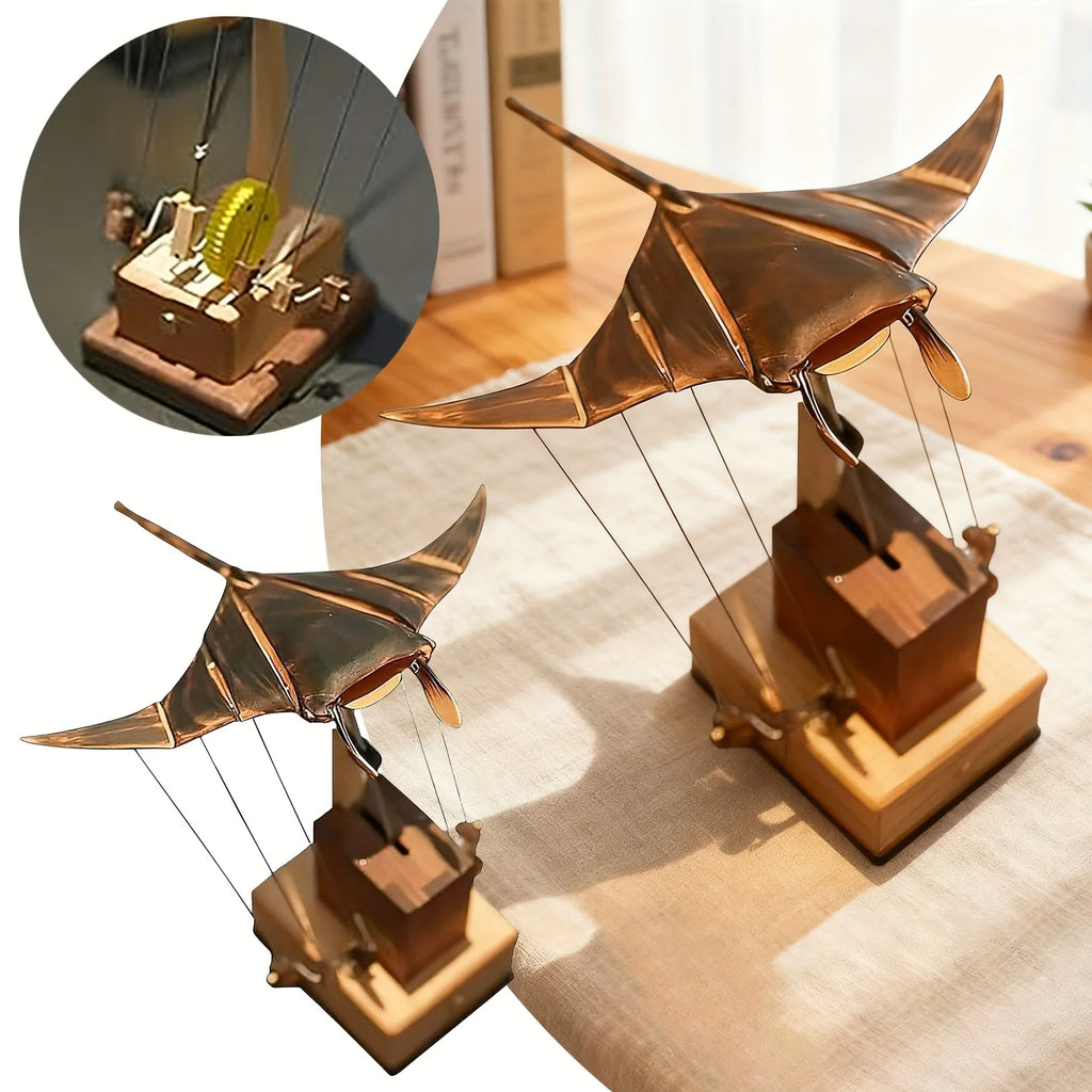 Handcrafted Wooden Swimming Ray Robot Automaton - 3D Moving Fish Mechanism, Realistic Swimming Movements, Desktop Decoration, Modern Wooden Ocean Decoration, Suitable for Home/Office Decor