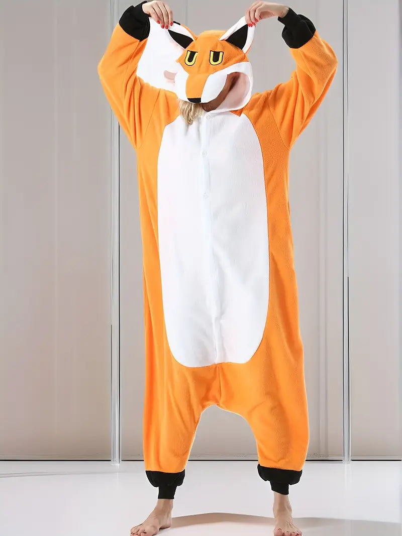 Fox Onesie Pajamas｜Cute Cartoon Animal Sleepwear, Cozy Coral Fleece Loungewear, Unisex Costume for Home & Party